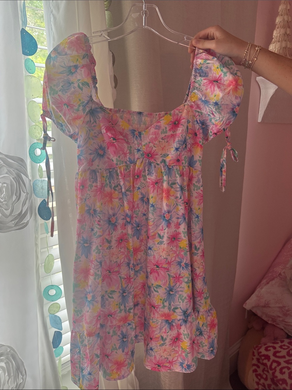 SHEIN Pink Floral Puff-Sleeve Square Neck Mini Dress